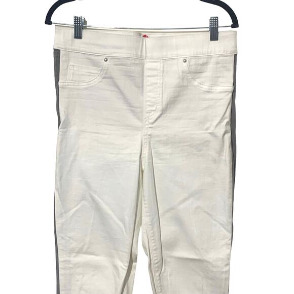 SPANX sz LG Denim Side Stripe Raw Hem Leggings Pants Highrise Flat Front Pull On - Picture 3 of 9